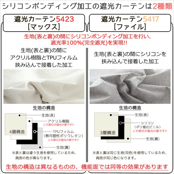 画像4: 1級遮光カーテン カーテン 遮光 1級 遮光率100％ 完全遮光 無地 断熱 遮熱 保温 防寒 5423/5417 オーダーカーテン仕様 1窓単位 【受注生産A】 (4)