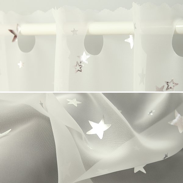 画像5: ★カフェカーテン 星柄 輝く箔プリント 良く透けるボイル生地 2492星柄箔プリントSV 星 スター 子供部屋 巾(幅)145×高さ45・70cm丈 1枚入【在庫品】メール便可(1枚まで) (5)